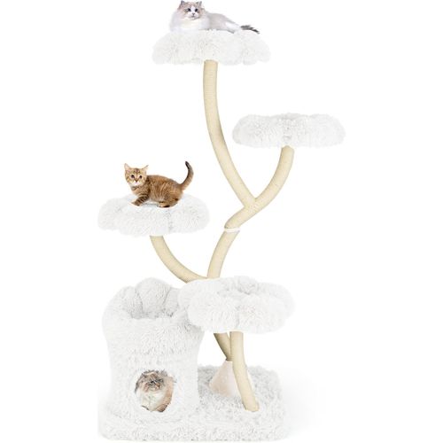 COSTWAY Kratzbaum 165cm, Katzenbaum Katzenmöbel mit 4 warmen Liegeflächen & Katzenhöhle & Sisalstämmen, Kletterbaum Katzenturm für Katzen Weiß