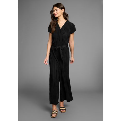 Overall LAURA SCOTT, Damen, Gr. 38, N-Gr, schwarz, Jersey, Obermaterial: 100% Polyester, unifarben, Crinkleoptik, feminin, figurumspielend 7/8-Länge, Kurzarm angeschnitten, Overalls, mit tollem Plissee-Effekt