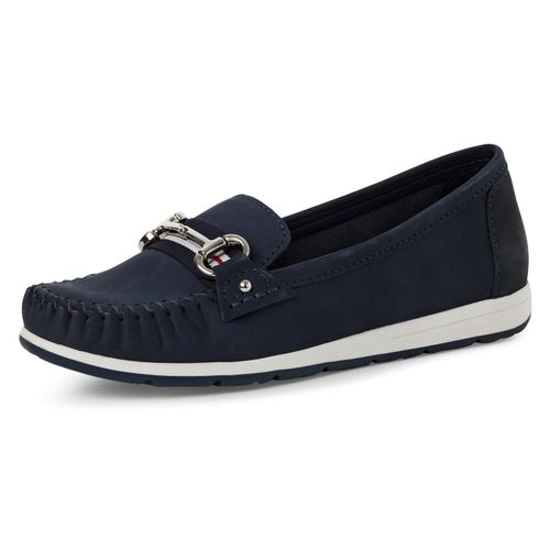 Mokassin MARCO TOZZI, Damen, Gr. 38, blau (navy), Nubukleder, unifarben, casual, Schuhe, Halbschuh, Schlupfschuh, Freizeitschuh mit edler Schmuckspange