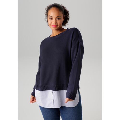 Strickpullover ANISTON PLUS, Damen, Gr. 46, blau (marine, weiß), Strick, Web, Obermaterial: 50% Baumwolle, 50% Polyacryl. Bluseneinsatz: 100% Baumwolle, unifarben, gestreift, casual, lässig geschnitten Po-bedeckend, Rundhals, Langarm Strickbündchen, Pullover, mit gestreiftem Bluseneinsatz am Saum - NEUE KOLLEKTION