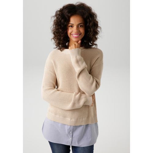 Strickpullover ANISTON CASUAL, Damen, Gr. 44, sand, marine, weiß, Strick, Web, Obermaterial: 50% Baumwolle, 50% Polyacryl. Unteres Obermaterial: 100% Baumwolle, unifarben, gestreift, casual, lässig geschnitten Po-bedeckend, Rundhals, Langarm Strickbündchen, Pullover, mit gestreiftem Bluseneinsatz am Saum - NEUE KOLLEKTION