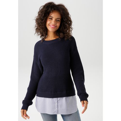 Strickpullover ANISTON CASUAL, Damen, Gr. 44, blau (marine, weiß), Strick, Web, Obermaterial: 50% Baumwolle, 50% Polyacryl. Unteres Obermaterial: 100% Baumwolle, unifarben, gestreift, casual, lässig geschnitten Po-bedeckend, Rundhals, Langarm Strickbündchen, Pullover, mit gestreiftem Bluseneinsatz am Saum - NEUE KOLLEKTION