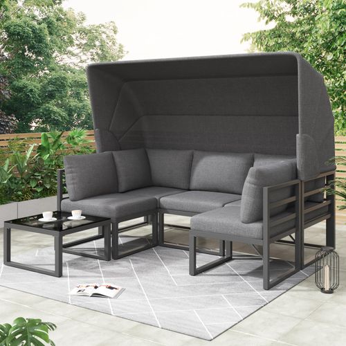 Flieks Gartensofa mit Sonnendach, Gartenloungeset 4-tlg, Balkonmöbel Sets 5 Sitzer, Sitzgruppe Loungeset mit Gartentisch, Gartenmöbel Sets Grau