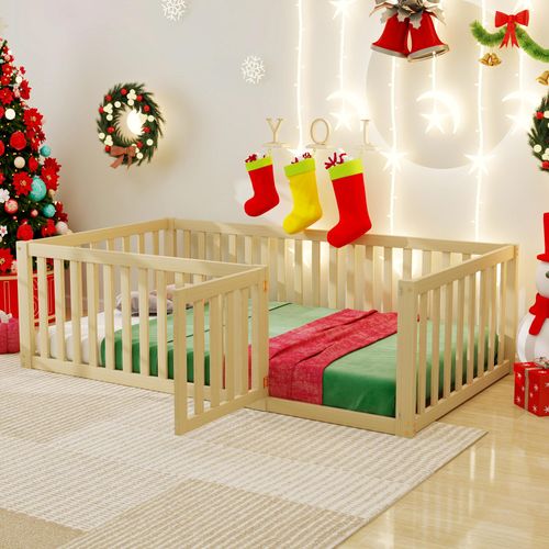 MODFU Kinderbett Einzelbett 90X200cm mit Zaun und Tür, Massivholzbett Bettrahmen für Kinder, Jugendliche, Natur(Ohne Matratze, Ohne Lattenrost)