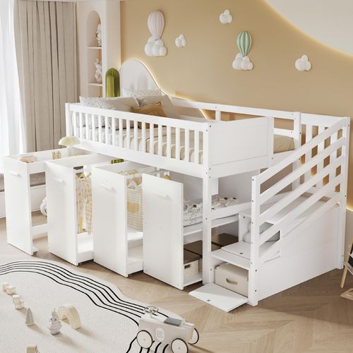 Kinderzimmer Etagenbett mit Schreibtisch, Kleiderschrank & Schließfächern, sicherem Geländer, 90x200cm, Weiß