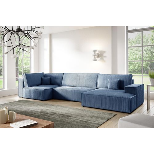 Wohnlandschaft Schlafsofa CORUNIA Stoff Poso Blau Ottomane Rechts