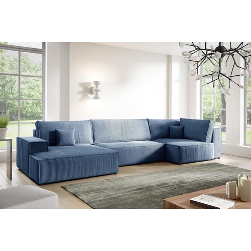 Wohnlandschaft Schlafsofa CORUNIA Stoff Poso Blau Ottomane Links