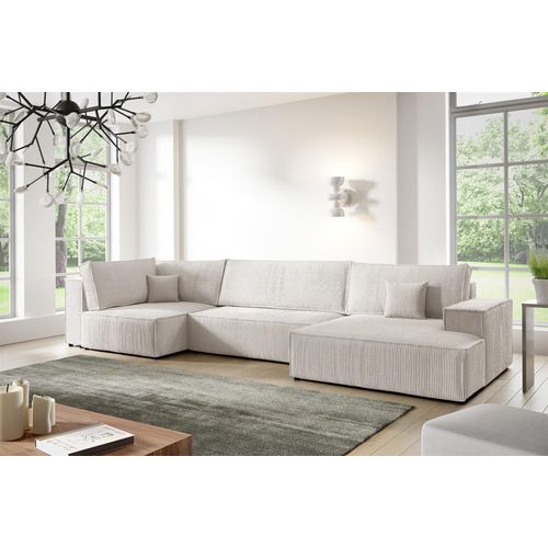 Wohnlandschaft Schlafsofa CORUNIA Stoff Poso Altweiß Ottomane Rechts