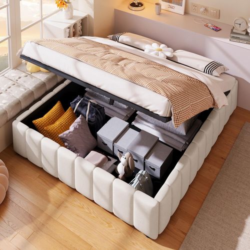 okwish Polsterbett 140x200cm,Jugendbett, Doppelbett mit hydraulische Lagerung, ohne Kopfteil, mit Matratze,Beige