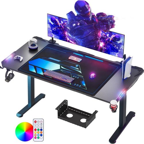 Homdox 180x70 cm Gaming-Tisch mit LED-Beleuchtung, Kohlefaseroberfläche, Kabelmanagement-Box, Becherhalter und Kopfhörerhaken, schwarz