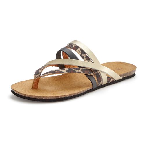 Zehentrenner LASCANA, Damen, Gr. 39, schwarz (schwarz, leo), Obermaterial: 100% Rindsleder. Decksohle: 100% Rindsleder. Laufsohle: 100% Synthetik, metallic, casual, Schuhe, Sandale, Pantolette aus Leder mit Korkfußbett