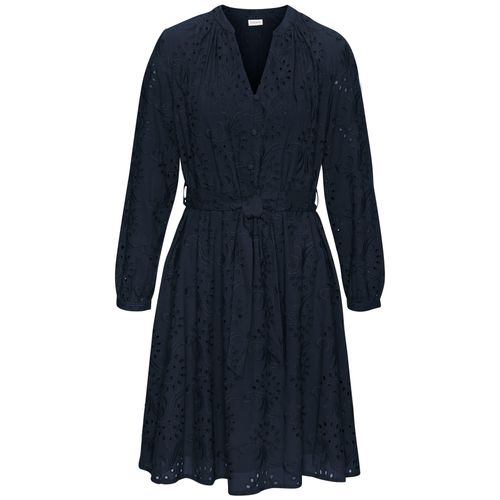 Blusenkleid LASCANA, Damen, Gr. 38, N-Gr, blau (navy), Web, Obermaterial: 100% Baumwolle. Futter: 100% Baumwolle, unifarben, bestickt, modisch, figurumspielend bodenlang, tiefer V-Ausschnitt, Langarm 1-Knopf-Manschette, Kleider, und Lochstickerei, Spitzenkleid
