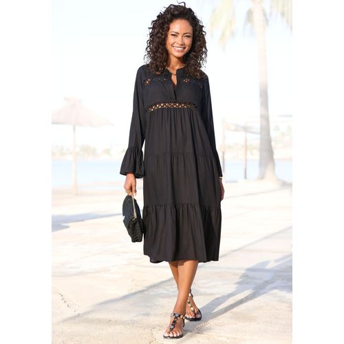 Midikleid LASCANA, Damen, Gr. 40/42, N-Gr, schwarz, Web, Obermaterial: 100% Viskose, unifarben, modisch, figurumspielend knöchelfrei, Rundhals, Langarm Volant, Kleider, mit Häkeleinsätzen