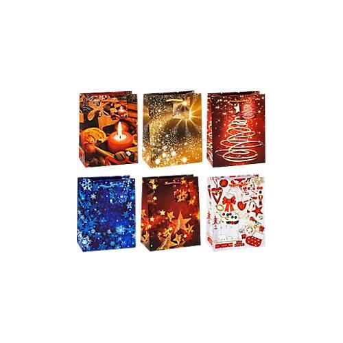 Geschenktüten Weihnachten TSI Serie 8, 6 verschiedene Motive, mit Griffkordel, medium, B 180 x T 100 x H 230 mm, farbsortiert, 12 Stück