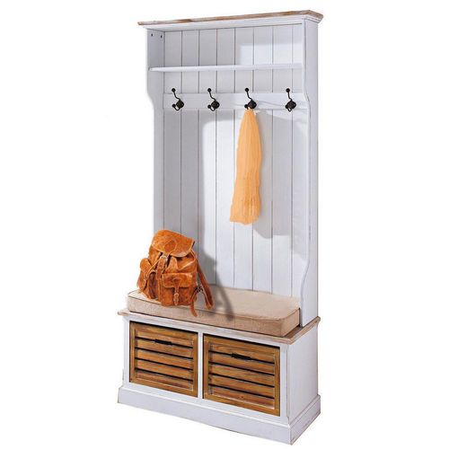 Garderobenbank , Braun, Weiß , Holz , Paulownia, Weide , massiv , 2-Sitzer , 2 Schubladen , Füllung: Schaumstoff , 92x189x40 cm , Garderobe,