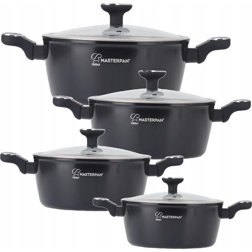Topfset Induktion 8-teilig, 18-28 cm Kochtopf Set mit Glasdeckel Induktion, Gas, Schwarz