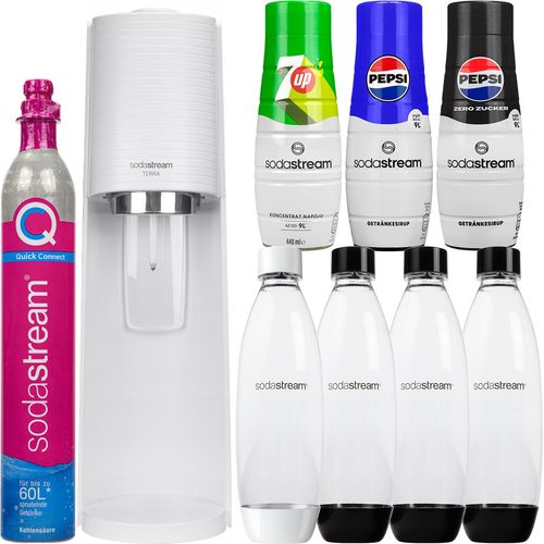 Sodastream Terra Wassersprudler Weiß 4 Flaschen 3 Sirups Quick Connect