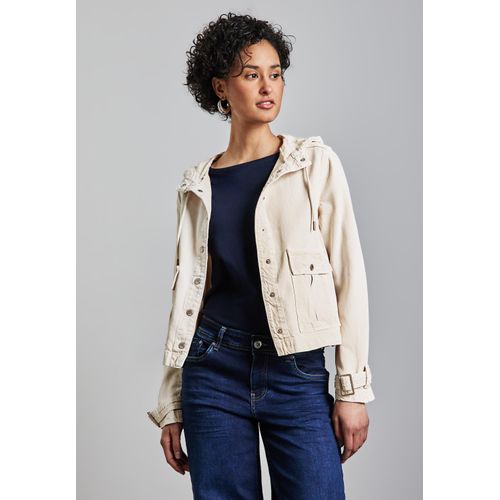 Jeansjacke STREET ONE, Damen, Gr. 42, light beige washed, Stoff, 52% Lyocell, 48% Baumwolle, unifarben, casual, comfort fit kurz, ohne Ausschnitt, Langarm Bündchen, Jacken, mit Kapuze mit Tunnelzugband