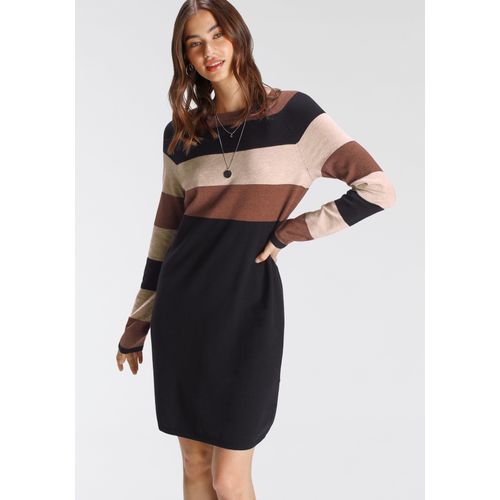 Strickkleid TAMARIS, Damen, Gr. 42, N-Gr, schwarz (schwarz, sand), Feinstrick, Obermaterial: 50% Viskose, 28% Polyester, 22% Polyamid, gestreift, feminin, figurumspielend ca. Mitte Oberschenkel, Rundhals, Langarm Raglanärmel, Kleider, lässiger, casual Look, aus Viskosemischung, langärmlig