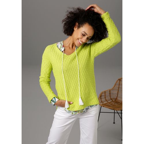 V-Ausschnitt-Pullover ANISTON CASUAL, Damen, Gr. 36, grün (limone), Feinstrick, Obermaterial: 100% Baumwolle, unifarben, modisch, lässig geschnitten Po-bedeckend, V-Ausschnitt, Langarm Aufschlag, Pullover, im trendigen Mustermix