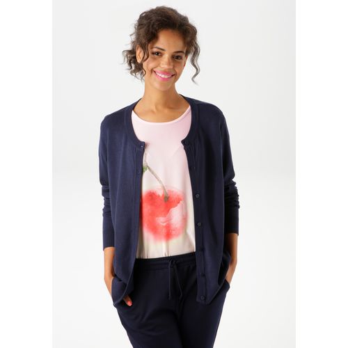 Strickjacke ANISTON CASUAL, Damen, Gr. 40, blau (marine), Feinstrick, Obermaterial: 80% Viskose, 20% Nylon, unifarben, casual, figurumspielend hüftlang, Rundhals, Langarm Strickbündchen, Strickjacken, mit Rundhals-Ausschnitt - NEUE KOLLEKTION