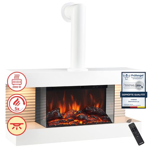 KAMINIO Elektrokamin LIZ mit Abzugsrohr - Elektrischer Wandkamin mit Heizung, 3D-Flammeneffekt, LED-Ambientelicht, Fernbedienung - Weiß