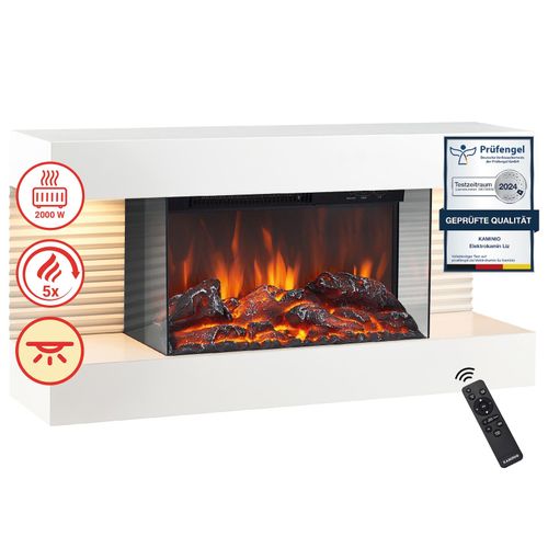 KAMINIO Elektrokamin LIZ - Elektrischer Wandkamin mit Heizung, 3D-Flammeneffekt, LED-Ambientelicht, Fernbedienung - Weiß