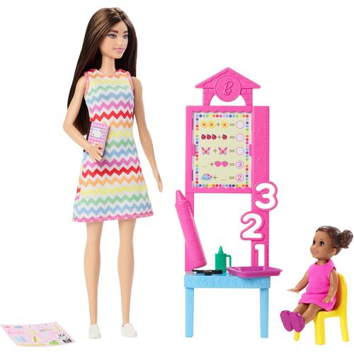 Barbie Puppe Barbie Lehrerin-Puppe mit Kleinkind-Puppe und Unterrichtszubehör