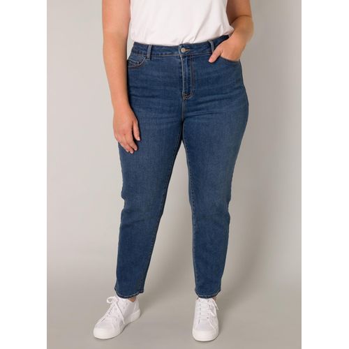 Slim-fit-Jeans BASE LEVEL CURVY, Damen, Gr. 44, Länge 32, blau (mid blau), Denim/Jeans, Obermaterial: 92% Baumwolle, 6% Polyester, 2% Elasthan, casual, slim fit knöchellang, Jeans, in großen Größen