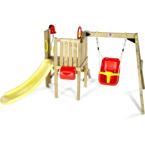 Plum Kleinkinder Turm mit Babyschaukel – Outdoor-Kletterturm für Kleinkinder aus Holz, Babyschaukel, Rutsche, natur