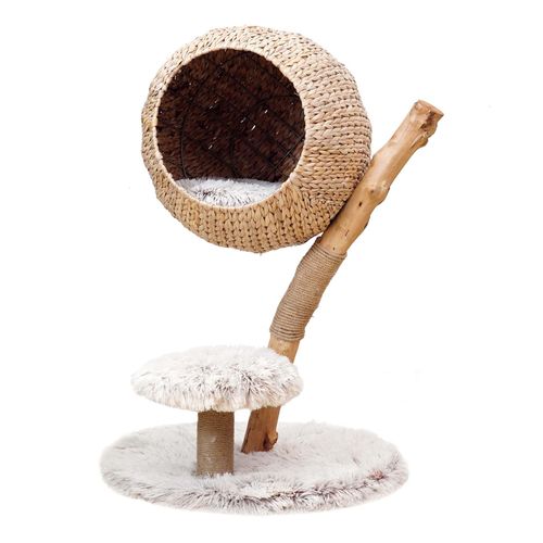 Fudajo Kratzbaum Zweigdesign mit Katzenkorb 83 cm hoch, Designer Katzenkratzbaum mit Liegekorb in Flecht-Optik, Katzenbaum aus Holz mit Plüsch