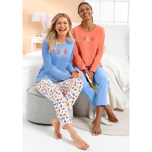 Schlafanzug WÄSCHEPUR, Damen, Gr. 52/54, bunt (himmelblau, bedruckt, papaya, bedruckt), 100% Baumwolle, Homewear-Sets