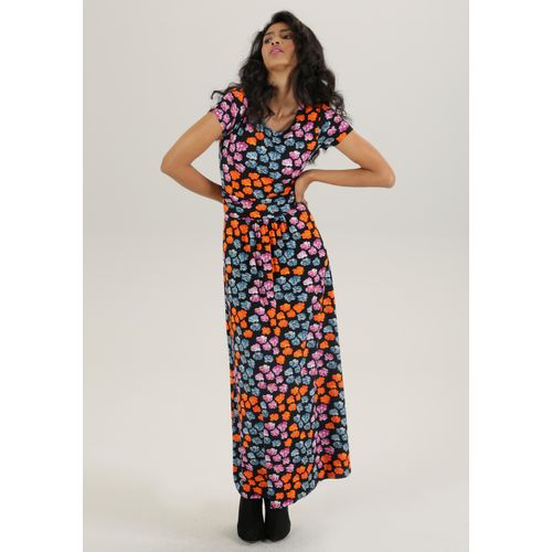 Maxikleid ANISTON SELECTED, Damen, Gr. 40, N-Gr, bunt (schwarz, rot, orange, blau, rauchblau, lila), Single Jersey, Obermaterial: 95% Viskose, 5% Elasthan, bedruckt, geblümt, feminin, figurbetont lang, Rundhals, Kurzarm, Kleider, mit figurbetonenden Raffungen in der Taille