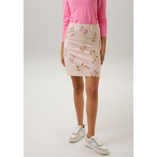Minirock ANISTON CASUAL, Damen, Gr. 36, bunt (beige, sand, moosgrün, pink, rosé), Jersey, Sweatware, Obermaterial: 66% Polyester, 31% Viskose, 3% Elasthan, Jacquardmuster, geblümt, gemustert, meliert, feminin, figurbetont kniefrei, Röcke, mit ausdrucksvollem Blumenmuster