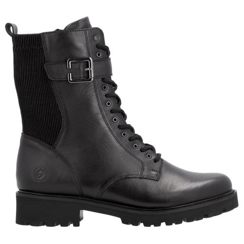 Schnürstiefelette REMONTE, Damen, Gr. 37, schwarz, Leder, Lederimitat, Elastischer Einsatz, modisch, Schuhe, Blockabsatz, Schnürboots mit Zierschnalle