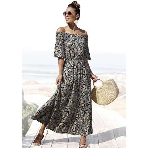 Maxikleid LASCANA, Damen, Gr. 36, N-Gr, bunt (schwarz, gelb, bedruckt), Jersey, Obermaterial: 100% Viskose, geblümt, modisch, figurumspielend bodenlang, Carmenausschnitt, Halbarm gerader Abschluss, Kleider, mit Blumendruck und Carmenausschnitt, Sommerkleid, Strandkleid