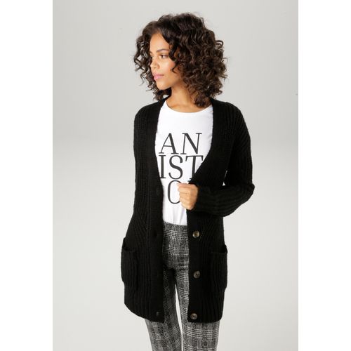Strickjacke ANISTON CASUAL, Damen, Gr. 38, schwarz, Grobstrick, Obermaterial: 100% Polyacryl, unifarben, modisch, sehr weit Po-bedeckend, V-Ausschnitt, Langarm Rippstrickbündchen, Strickjacken, mit kunstvollem Strickmuster