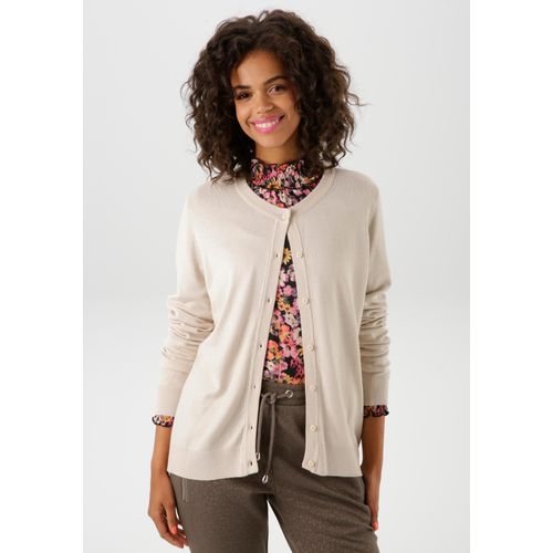 Strickjacke ANISTON CASUAL, Damen, Gr. 46, beige (natur), Feinstrick, Obermaterial: 80% Viskose, 20% Nylon, unifarben, casual, figurumspielend hüftlang, Rundhals, Langarm Strickbündchen, Strickjacken, mit Rundhals-Ausschnitt - NEUE KOLLEKTION
