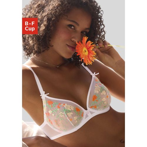 Bügel-BH LASCANA, Damen, Gr. 70, Cup D, weiß (weiß, neon), Mesh, Obermaterial: 66% Polyamid, 32% Polyester, 2% Elasthan, BHs, mit zarter Blumenstickerei und filigranen Accessoires, sexy Dessous