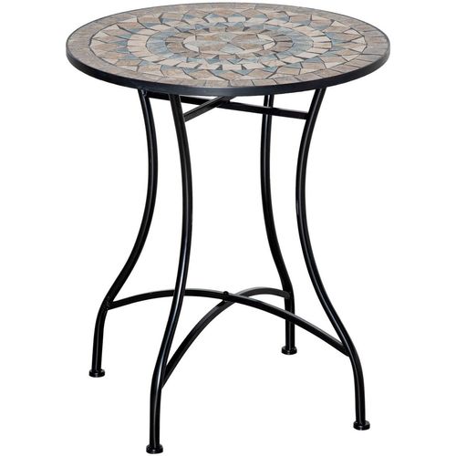 Gartentisch Mosaiktisch rund Bistrotisch Beistelltisch mit Mosaikplatte Keramik Metall Grün+Beige+Weiß Ø60 cm