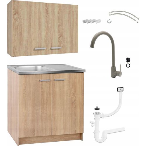 Stamar | Küchenschrank Set, mit Spüle und Armatur, Küchenhängeschränke und Küchenunterschränke, Eiche Sonoma
