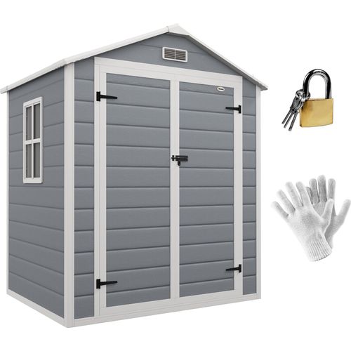 Outsunny Gerätehaus mit Pultdach 2,12 m² Gartenhaus mit Fenster Geräteschuppen Abschließbarer Geräteschrank mit Handschuhe für Garten Balkon Grau 183