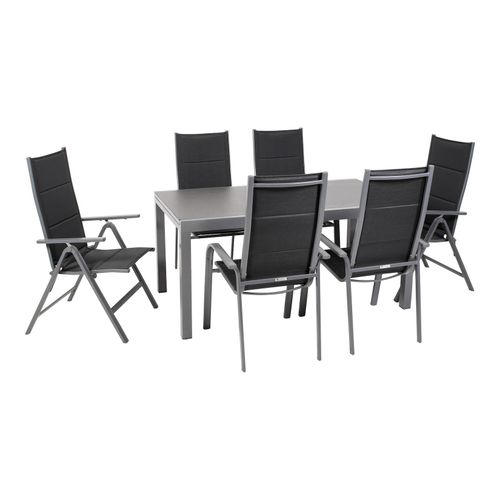 Gartenmöbel-Set Grenada 6, 7-teilig, rechteckiger Tisch, Klappsessel, Stapelstühle, Aluminium, Textilene, schwarz, Glas-Tischplatte, für Garten, Terrasse, Wintergarten