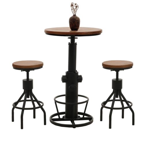 Set Bartisch + 2x Barhocker MCW-N17, Barstuhl Stehtisch höhenverstellbar drehbar Fußablage Industrial Holz ~ braun
