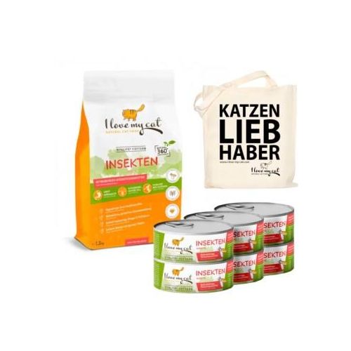 I love my cat Sparset Insektenprotein für Katzen - Trocken- und Nassfutter mit Insekten + Jutebeutel