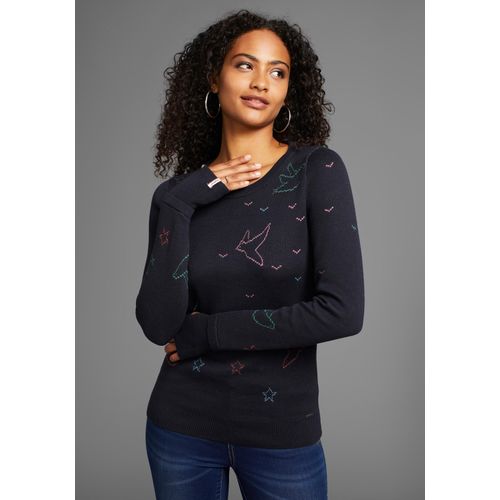 Rundhalspullover KANGAROOS, Damen, Gr. 32/34 (XS), blau (dunkelblau), Strick, Obermaterial: 50% Baumwolle, 50% Polyacryl, casual, figurbetont hüftbedeckend, Rundhals, Langarm Rippbündchen mit Daumenlöchern, Pullover, mit gestrickten Motiven