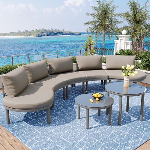 Gartenmöbel-Set 5-Sitzer, 2 Couchtische, 10 cm Sitzfläche, verzinkter Eisenrahmen, Grau