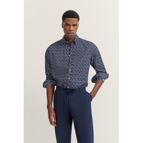 Langarmhemd BUGATTI, Herren, Gr. 4XL, Normalgrößen, 390, marine, 100% Baumwolle, gemustert, casual, normal, Langarm eckige 2-Knopf-Manschette, Hemden, mit Button-Down-Kragen