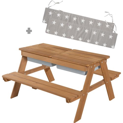 roba® Kindersitzgruppe »Picknick for 4 Outdoor + mit Spielwannen, Teakholz-Optik«, (Set), mit abgerundeten Ecken; inklusive Sitzauflagen Â»Little StarsÂ«