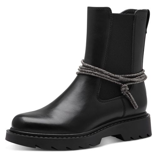 Chelseaboots TAMARIS, Damen, Gr. 36, schwarz, Lederimitat, Elastischer Einsatz, unifarben, modisch, Schuhe, Blockabsatz, Stiefelette mit funkelnden Bändern verziert